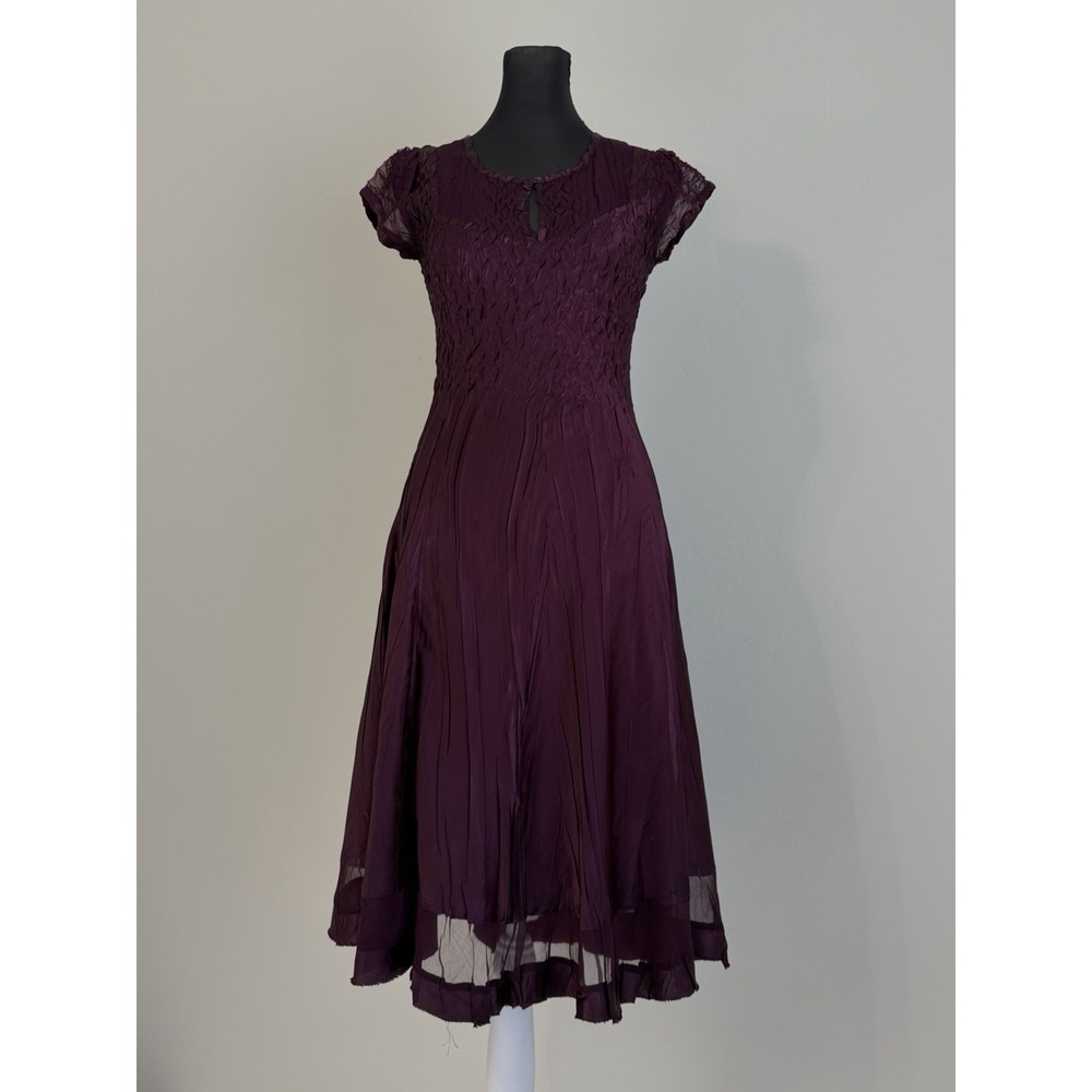 Komarov Plum Purple Crinkle Pleated Mesh Dress Midi Made USA